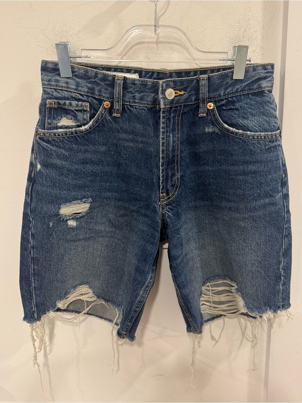 Zara Distressed Dark Blue Denim Bermuda Shorts